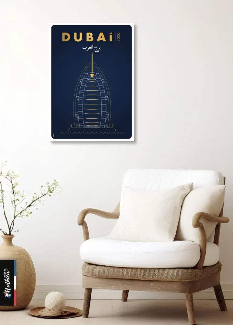 Poster design du Burj Al Arab, hôtel en forme de voile à Dubaï, dessin doré sur fond bleu.