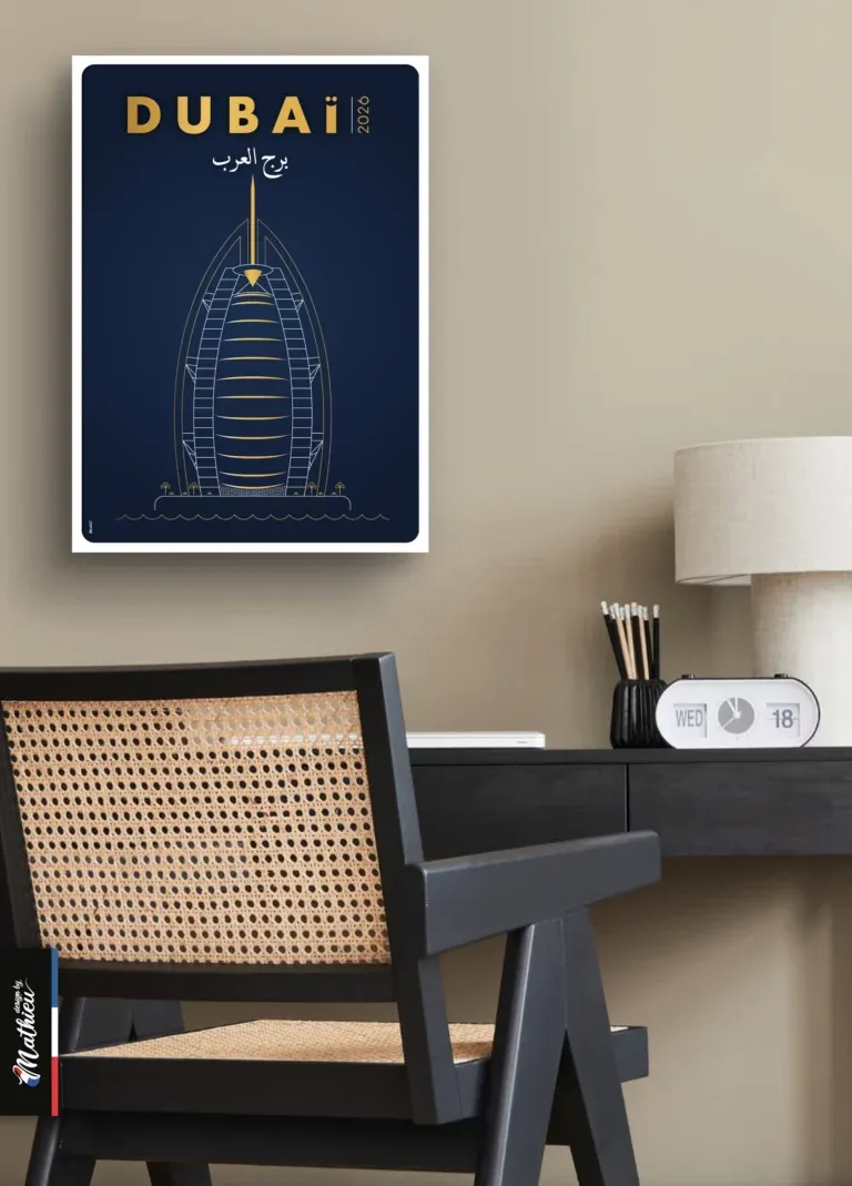 Poster design du Burj Al Arab, hôtel en forme de voile à Dubaï, dessin doré sur fond bleu.