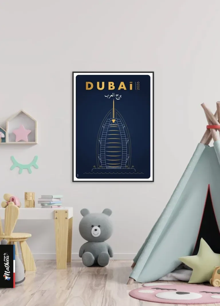 Poster design du Burj Al Arab, hôtel en forme de voile à Dubaï, dessin doré sur fond bleu.