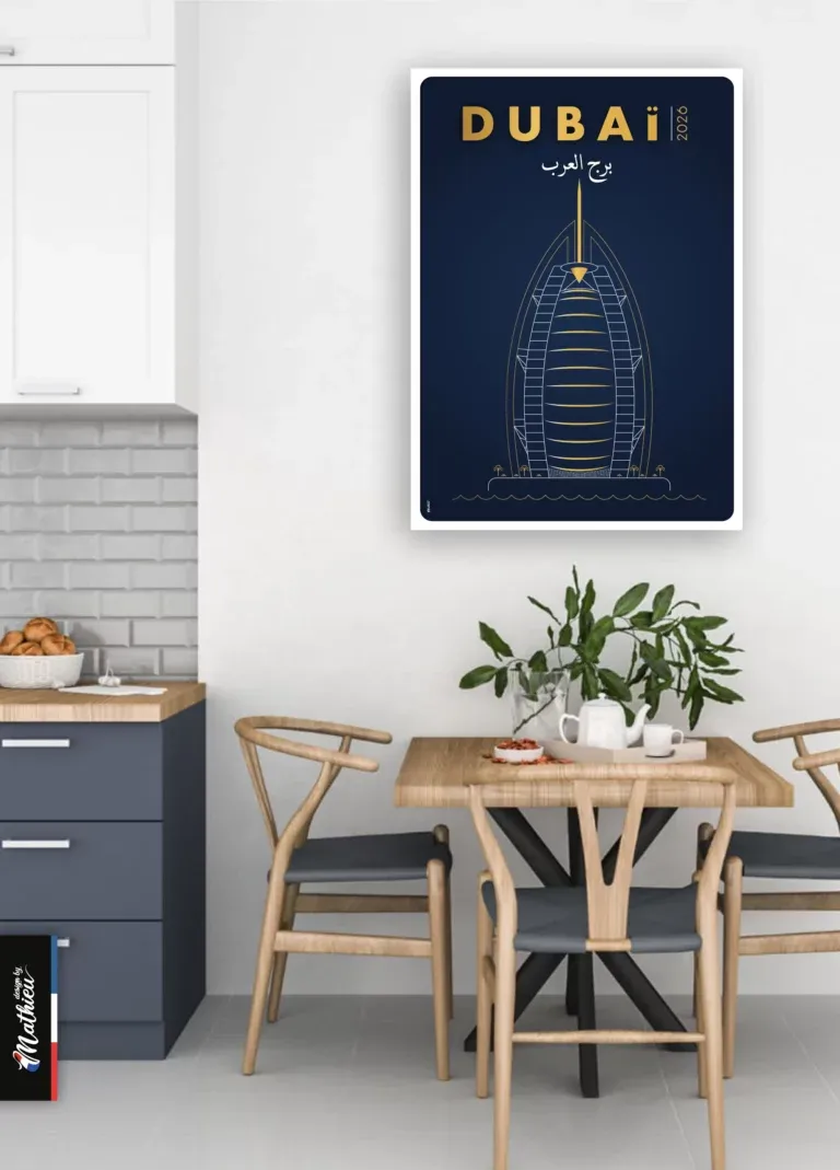 Poster design du Burj Al Arab, hôtel en forme de voile à Dubaï, dessin doré sur fond bleu.