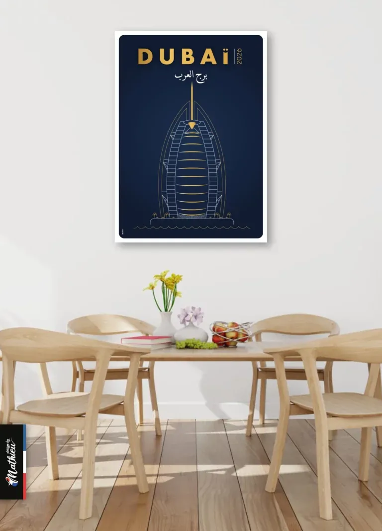 Poster design du Burj Al Arab, hôtel en forme de voile à Dubaï, dessin doré sur fond bleu.