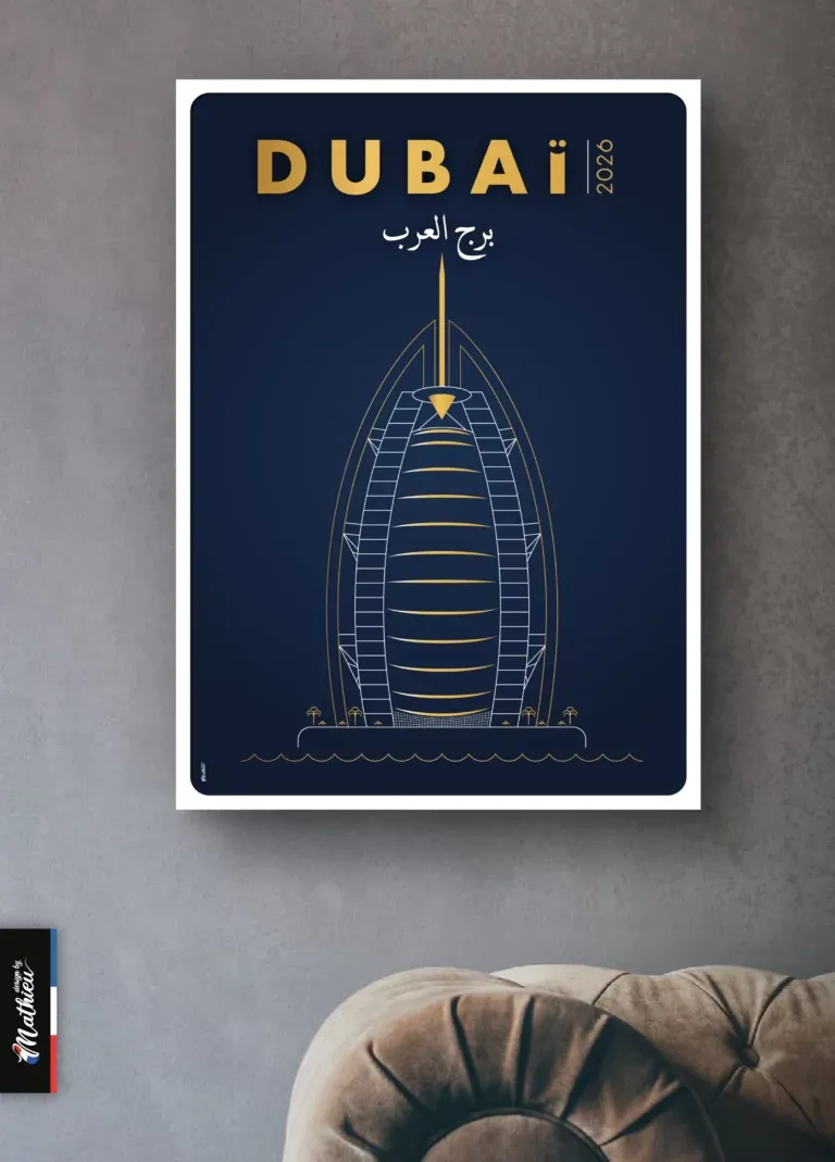 Poster design du Burj Al Arab, hôtel en forme de voile à Dubaï, dessin doré sur fond bleu.