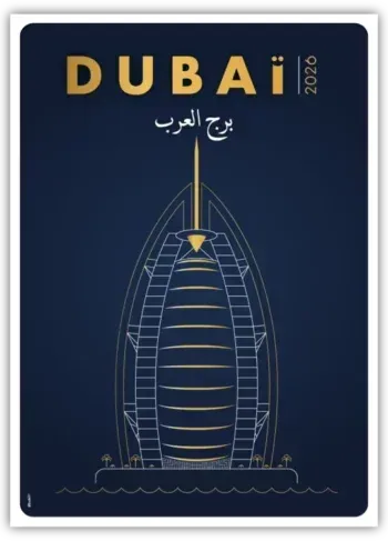 Poster design du Burj Al Arab, hôtel en forme de voile à Dubaï, dessin doré sur fond bleu.