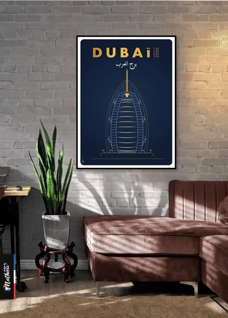 Poster design du Burj Al Arab, hôtel en forme de voile à Dubaï, dessin doré sur fond bleu.
