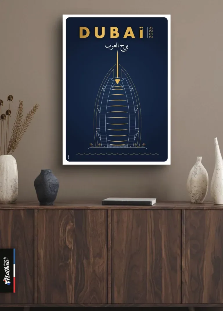 Poster design du Burj Al Arab, hôtel en forme de voile à Dubaï, dessin doré sur fond bleu.