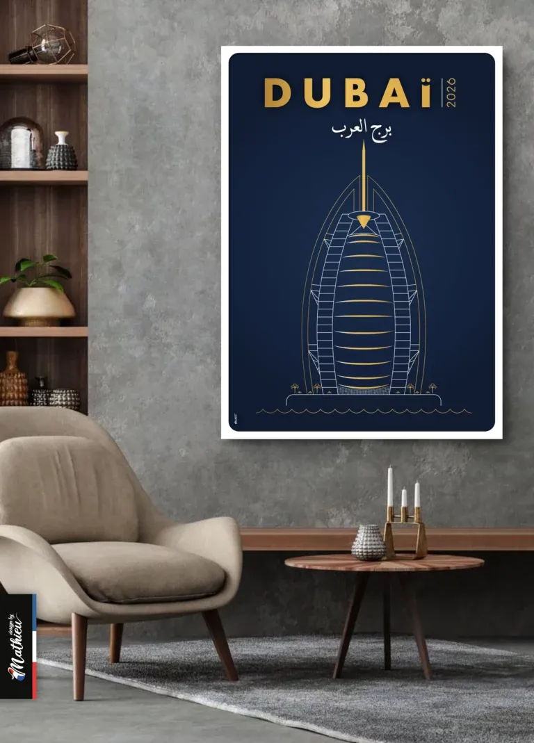 Poster design du Burj Al Arab, hôtel en forme de voile à Dubaï, dessin doré sur fond bleu.