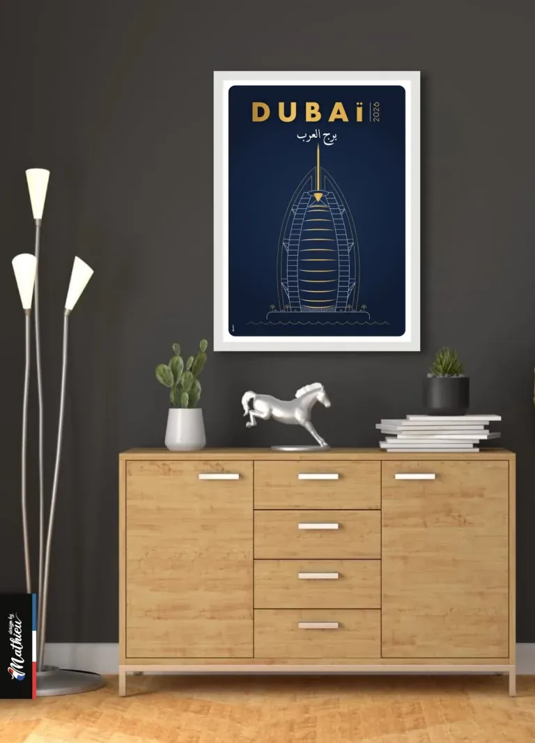 Poster design du Burj Al Arab, hôtel en forme de voile à Dubaï, dessin doré sur fond bleu.
