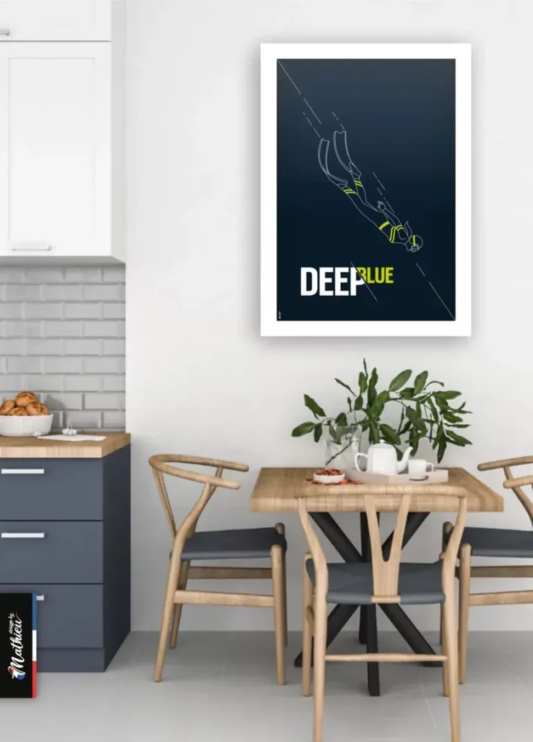 Coin repas cuisine moderne avec affiche murale DeepBlue Plongeuse.