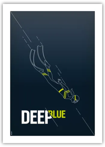 Illustration vectorielle minimaliste DeepBlue Apnée. Silhouette blanche d'apnéiste plongeant dans un fond bleu profond dégradé, avec traits de mouvement dynamiques. Texte 