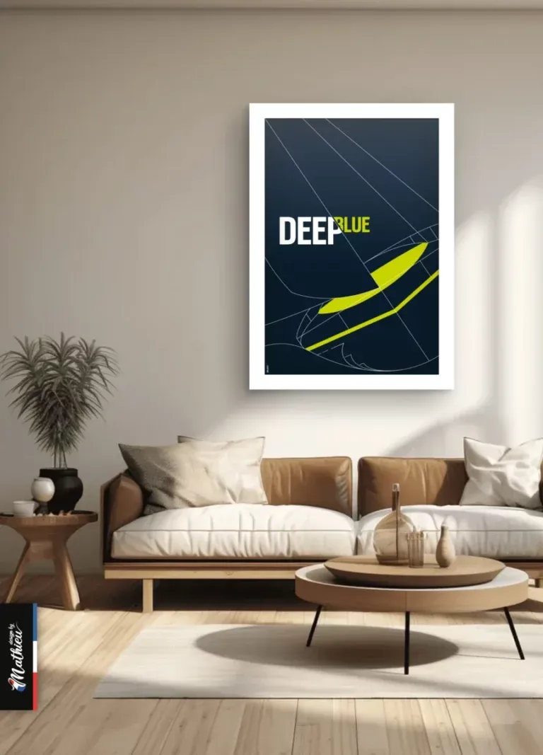 Grand poster voilier design DeepBlue encadré dans un salon contemporain lumineux avec canapé en cuir et bois.