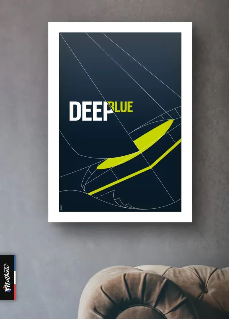 Décoration salon design moderne avec poster voilier contemporain designbymathieu encadré blanc au-dessus d'un canapé et mur béton texturé.