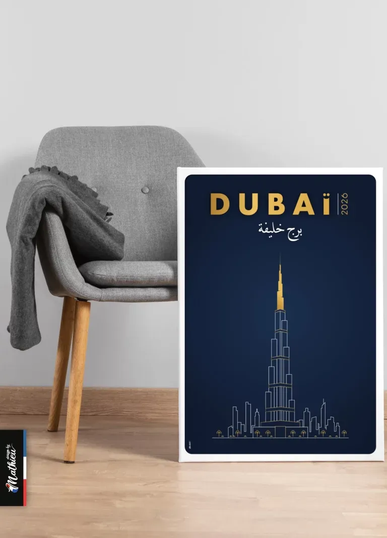 Illustration line art de la tour Burj Khalifa à Dubaï, style luxe bleu et or.