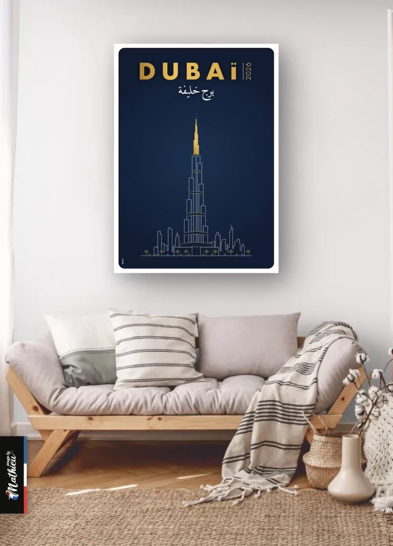 Illustration line art de la tour Burj Khalifa à Dubaï, style luxe bleu et or.