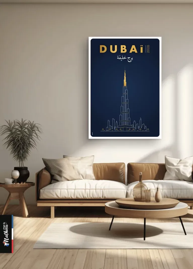 Illustration line art de la tour Burj Khalifa à Dubaï, style luxe bleu et or.