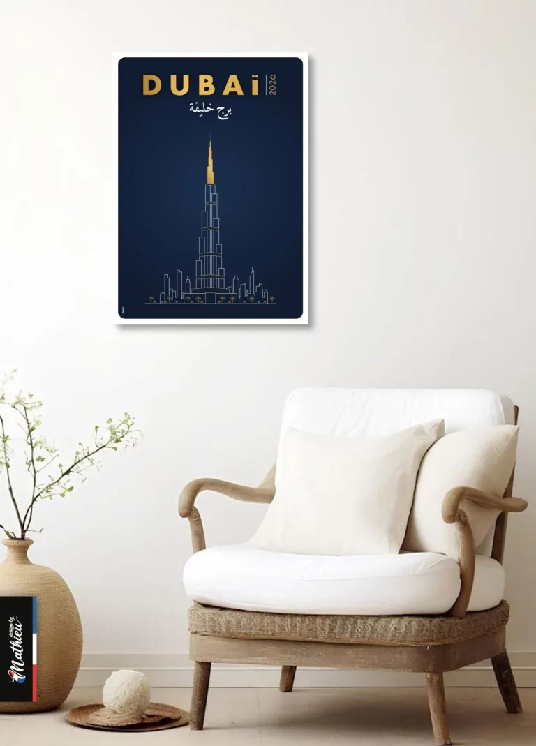 Illustration line art de la tour Burj Khalifa à Dubaï, style luxe bleu et or.