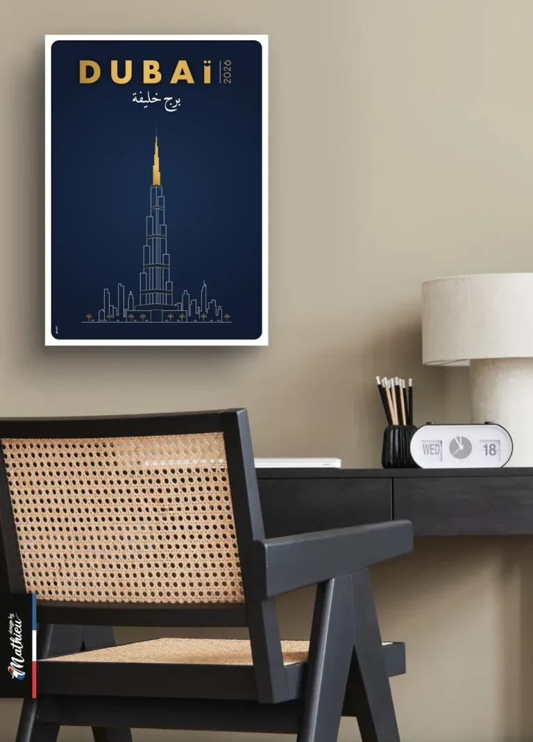 Illustration line art de la tour Burj Khalifa à Dubaï, style luxe bleu et or.