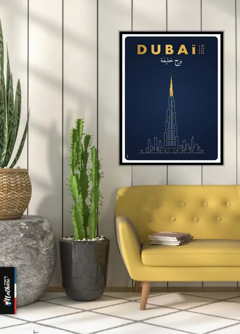 Illustration line art de la tour Burj Khalifa à Dubaï, style luxe bleu et or.