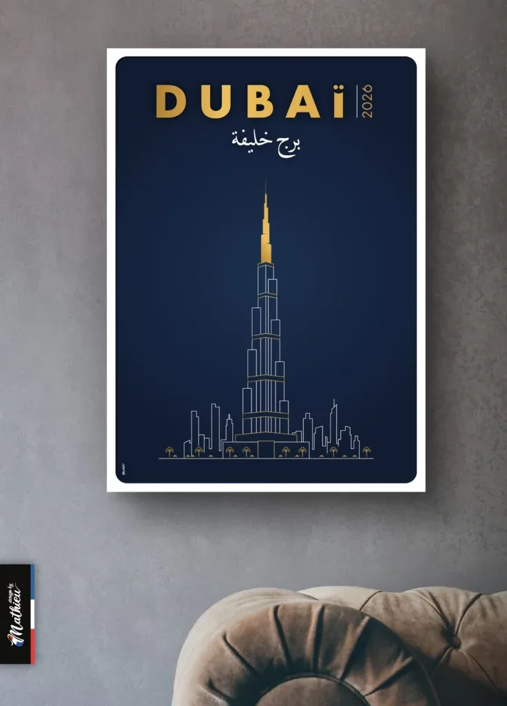 Illustration line art de la tour Burj Khalifa à Dubaï, style luxe bleu et or.
