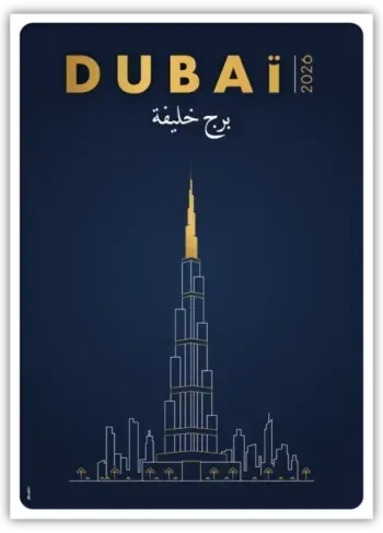 Illustration line art de la tour Burj Khalifa à Dubaï, style luxe bleu et or.