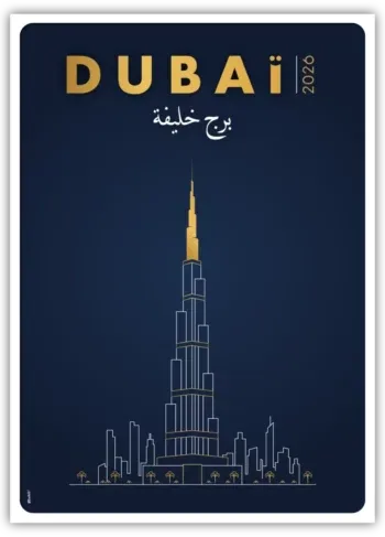Illustration line art de la tour Burj Khalifa à Dubaï, style luxe bleu et or.