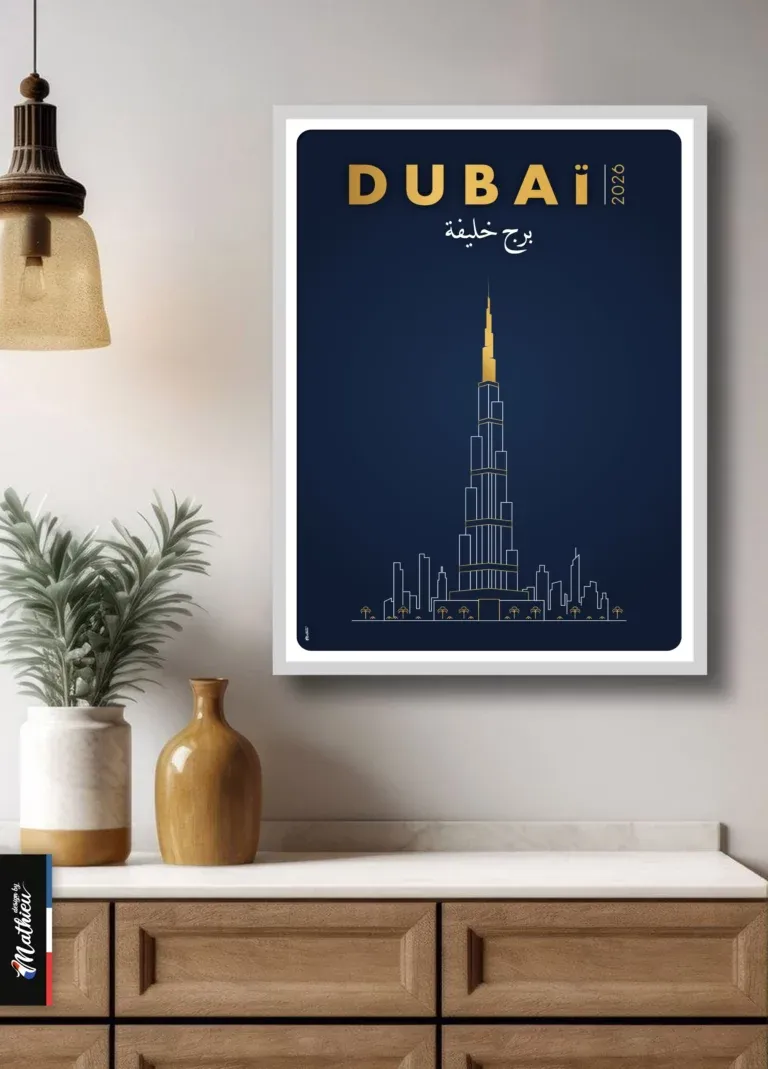 Illustration line art de la tour Burj Khalifa à Dubaï, style luxe bleu et or.