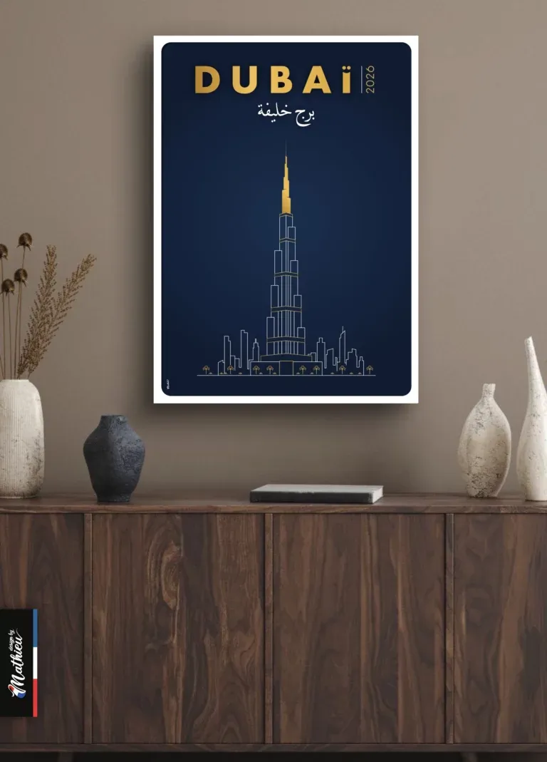 Illustration line art de la tour Burj Khalifa à Dubaï, style luxe bleu et or.