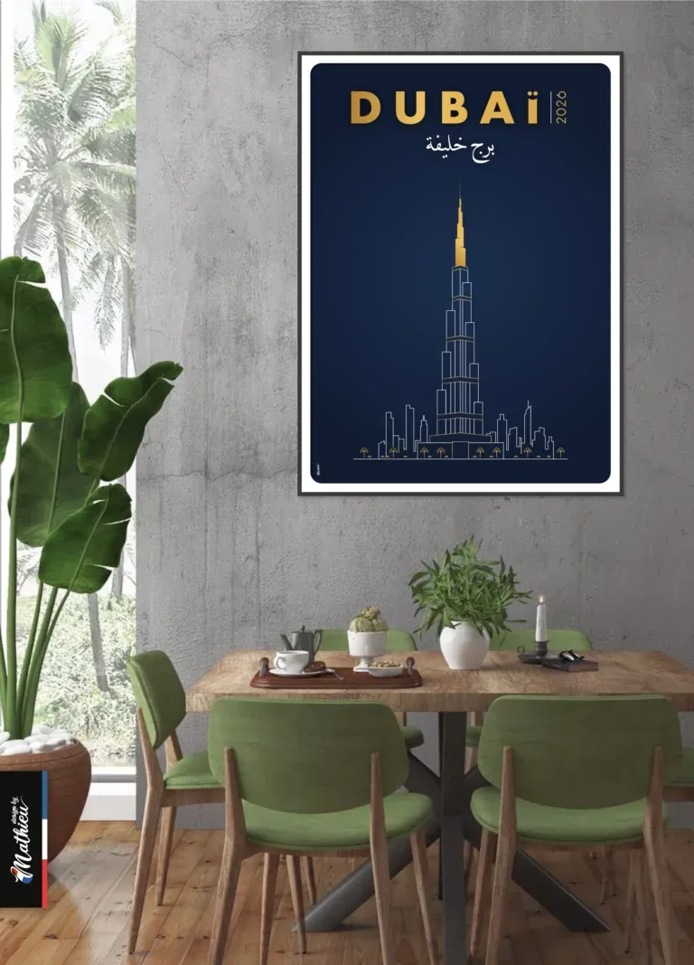 Illustration line art de la tour Burj Khalifa à Dubaï, style luxe bleu et or.