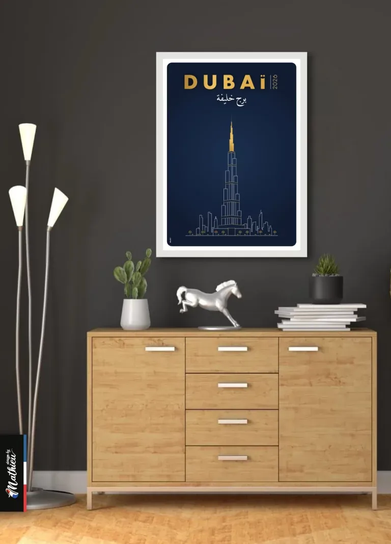 Illustration line art de la tour Burj Khalifa à Dubaï, style luxe bleu et or.