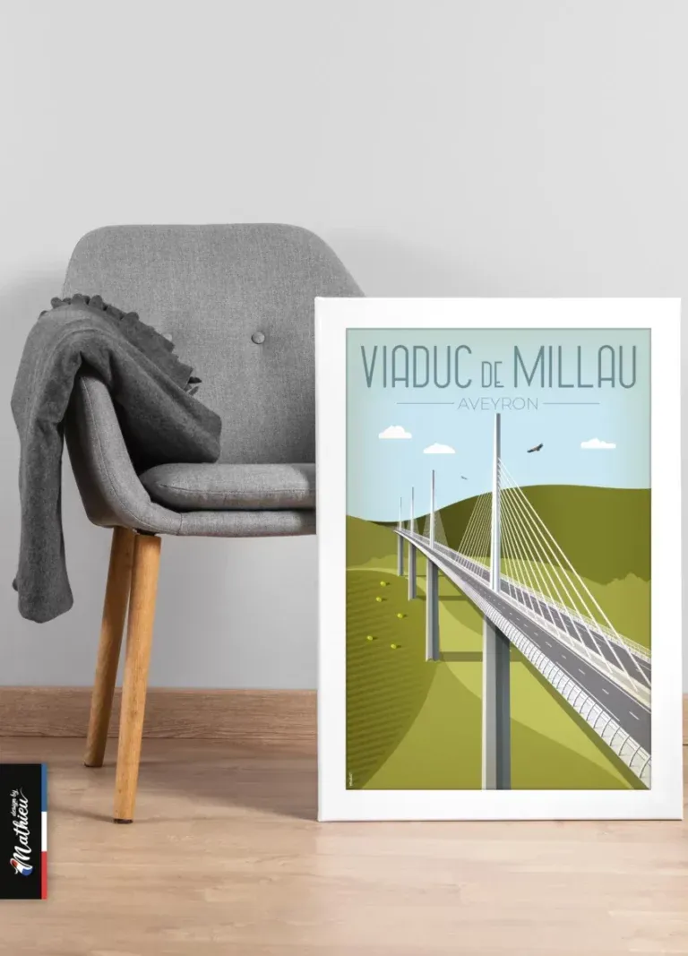 Poster illustré du Viaduc de Millau posé près d'un fauteuil gris, décoration murale artisanale Design by Mathieu.