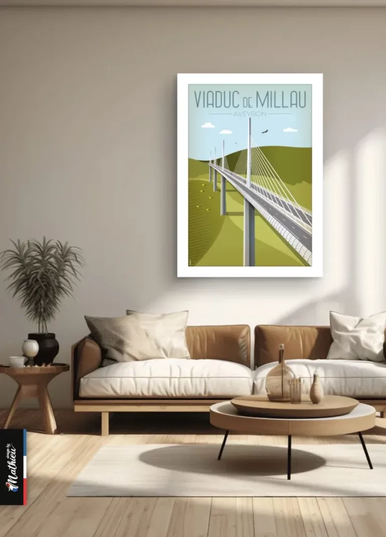 Affiche de voyage Viaduc de Millau Aveyron dans un salon lumineux, design épuré par Mathieu.