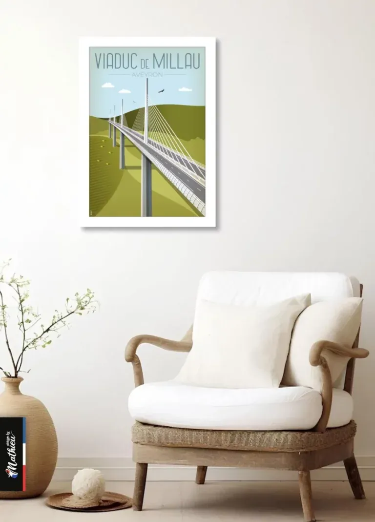 Illustration Viaduc de Millau dans un décor intérieur blanc et bois, ambiance naturelle.