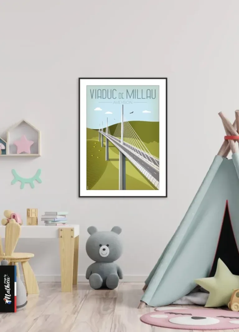 Affiche Viaduc de Millau dans une chambre d'enfant avec tipi et ours en peluche.