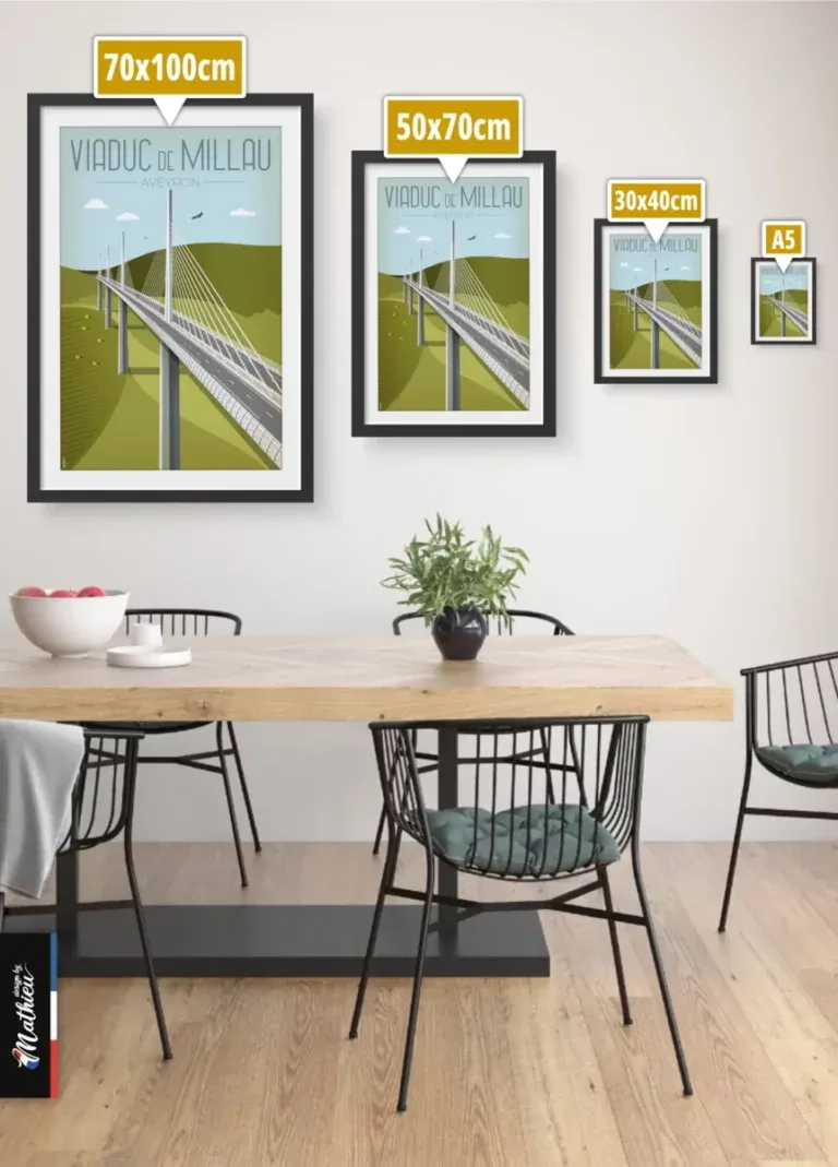 Tableau des formats disponibles pour les posters Viaduc de Millau : de la carte A5 au format XXL 70x100 cm.