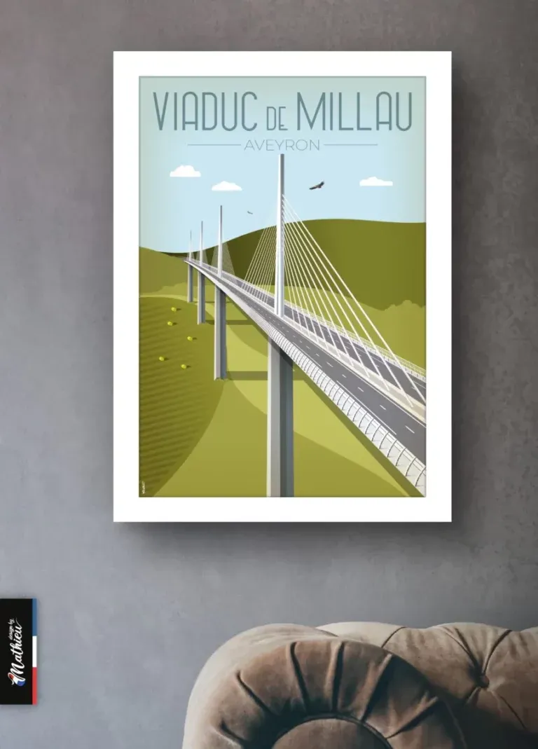 Affiche verticale du Viaduc de Millau, design épuré sous un ciel bleu azur, création Design by Mathieu.