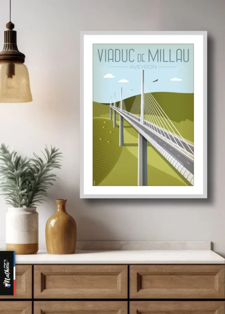 Poster du pont de Millau avec perspective sur les haubans, style vectoriel élégant.