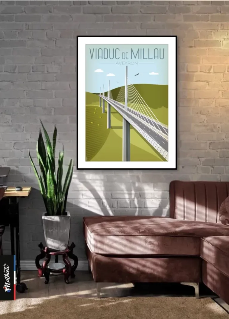 Illustration du Viaduc de Millau surplombant les Causses, dégradés de verts et ciel azur.