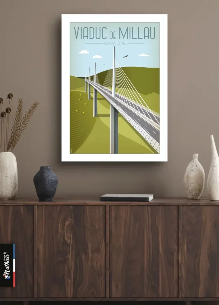 Graphisme épuré du Viaduc de Millau, affiche verticale pour décoration d'intérieur.
