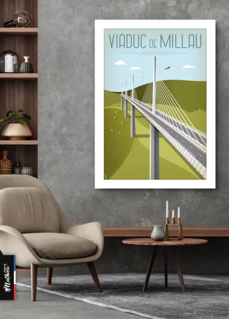 Affiche d'art Viaduc de Millau, style rétro-moderne, signée Design by Mathieu.