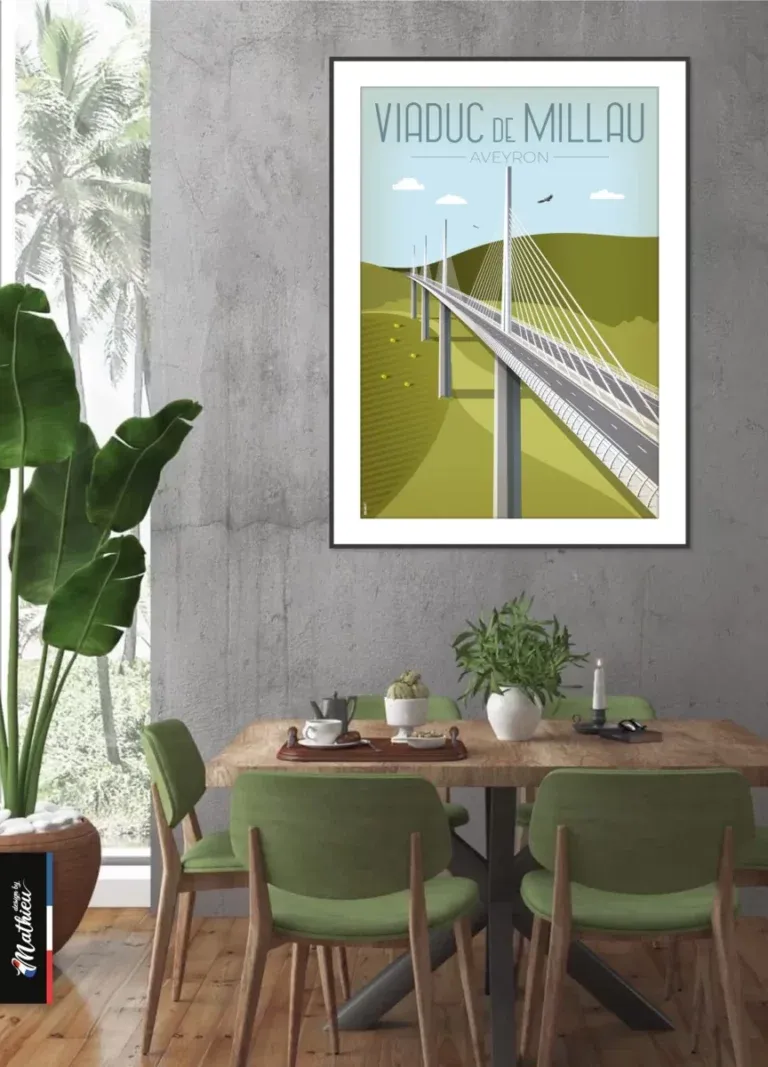 Dessin minimaliste du pont de Millau, harmonie de couleurs bleu et vert olive.