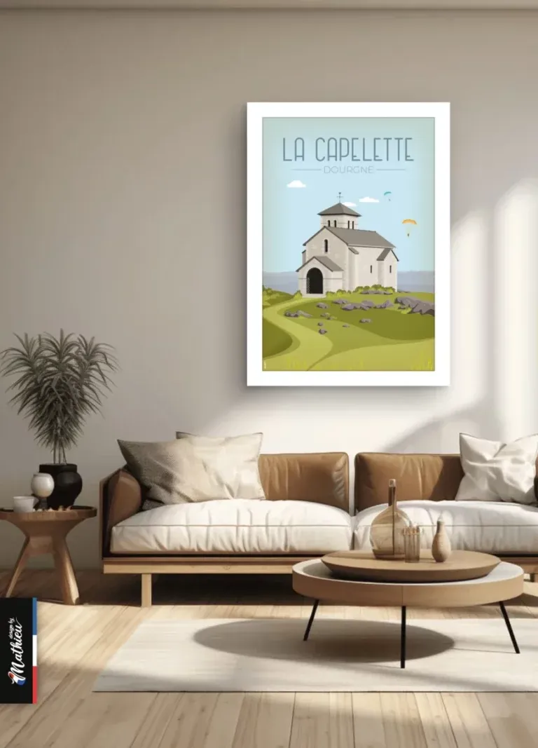 Poster La Capelette Dourgne dans un salon moderne et lumineux avec vue sur jardin.