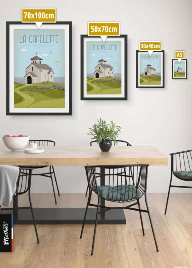 Guide des tailles pour les posters La Capelette : 70x100, 50x70, 30x40 et A5.