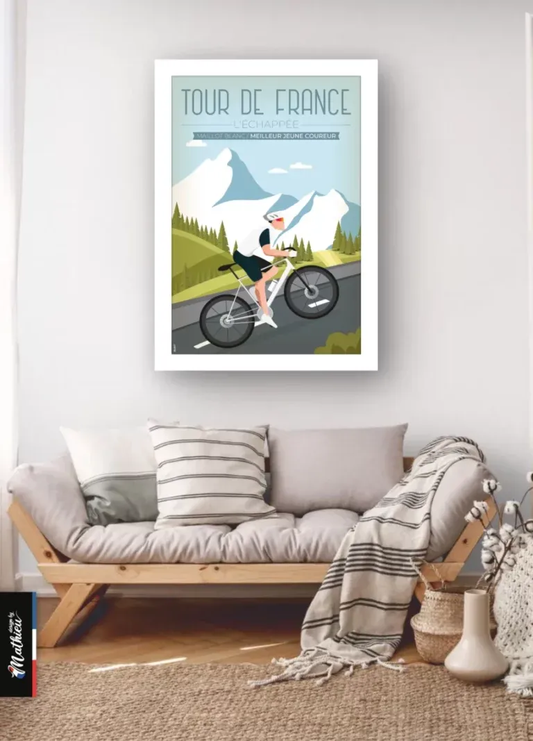 Décoration murale salon scandinave avec le poster Maillot Blanc – Tour de France encadré