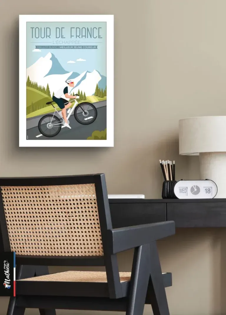 Ambiance espace de travail et décoration cyclisme avec le poster Maillot Blanc – Tour de France