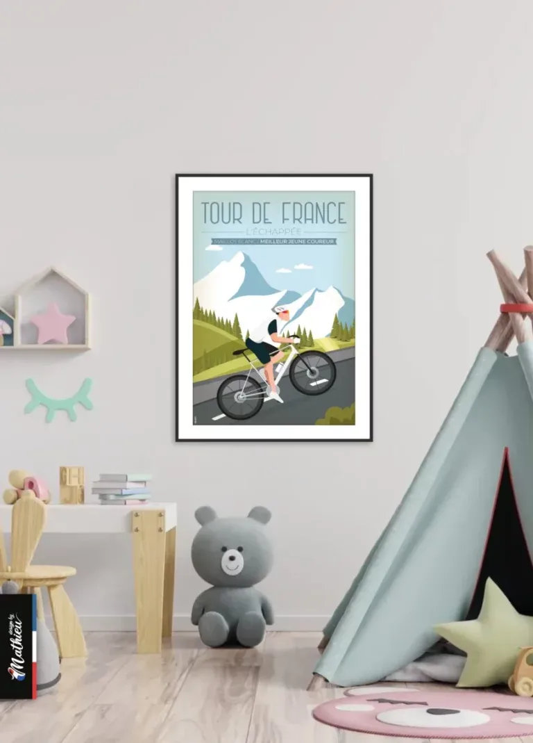 Décoration chambre enfant ou ado sur le thème du vélo avec l'affiche Maillot Blanc – Tour de France