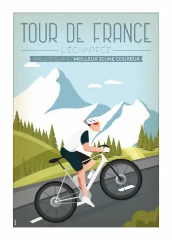 Déco de cuisine ou coin repas avec l'affiche Maillot Blanc – Tour de France posée sur un meuble en bois