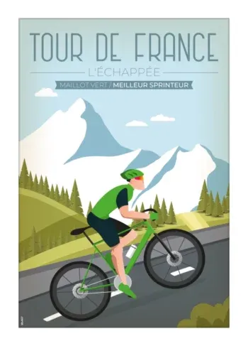 Déco de cuisine épurée avec l'affiche Maillot Vert – Tour de France posée sur un meuble en bois