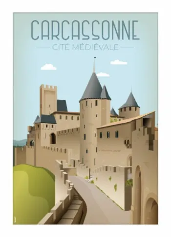 Gros plan d'un poster de la Cité Médiévale de Carcassonne. Illustration vectorielle détaillée avec le texte