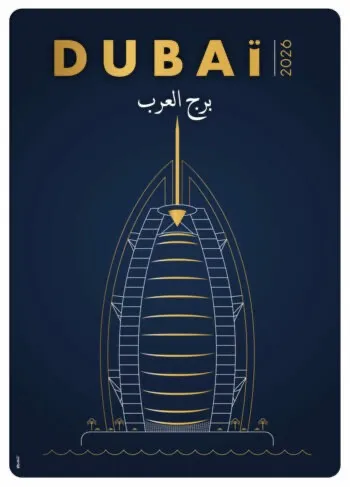Poster design du Burj Al Arab, hôtel en forme de voile à Dubaï, dessin doré sur fond bleu.