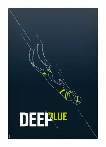 Illustration vectorielle minimaliste DeepBlue Apnée. Silhouette blanche d'apnéiste plongeant dans un fond bleu profond dégradé, avec traits de mouvement dynamiques. Texte
