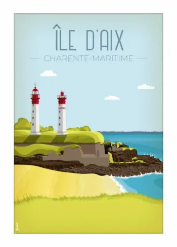 Vue illustrée du phare et du littoral de l'Île d'Aix, affiche décorative